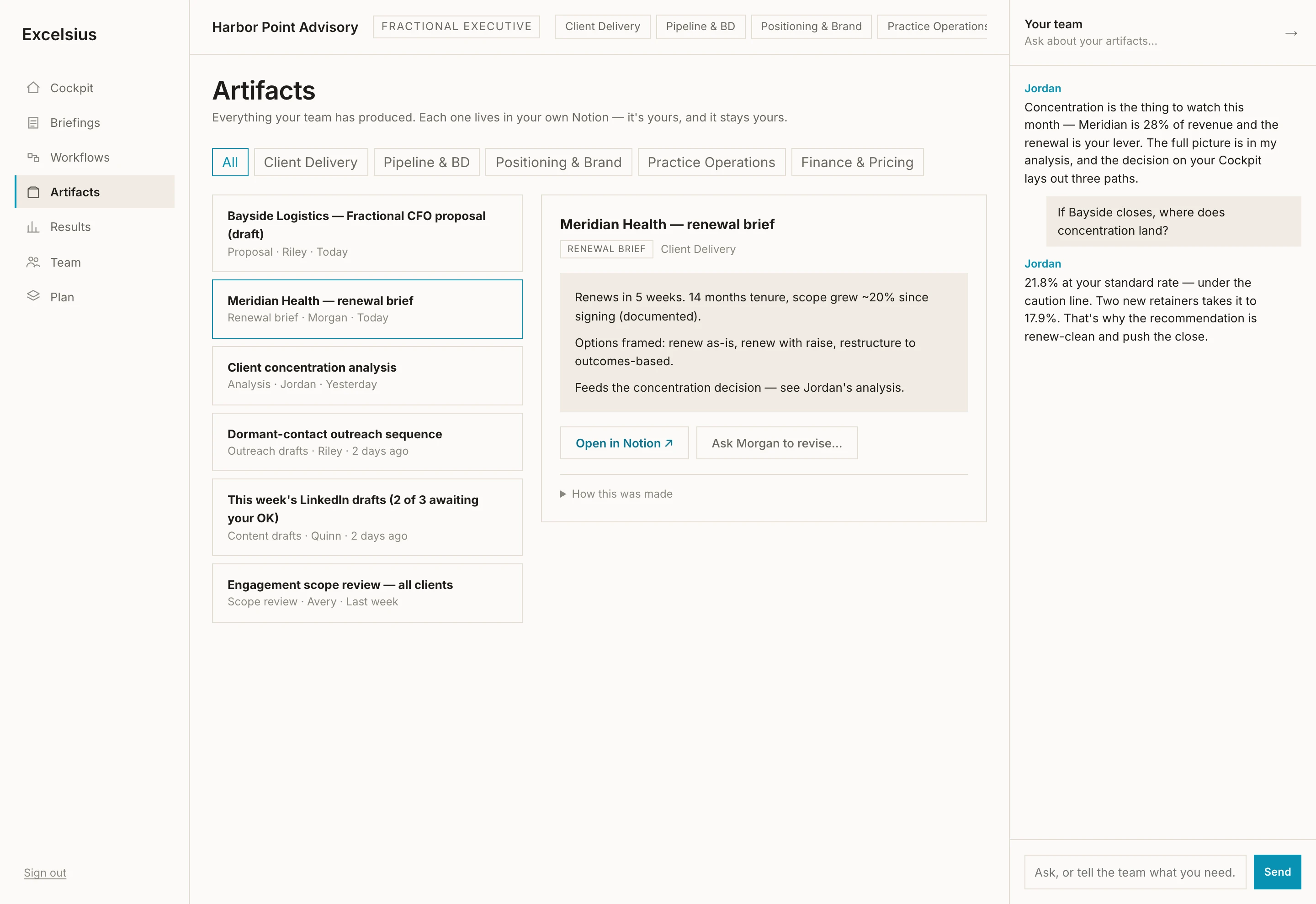 The Artifacts library — a finished renewal brief with its provenance, one click from your own Notion