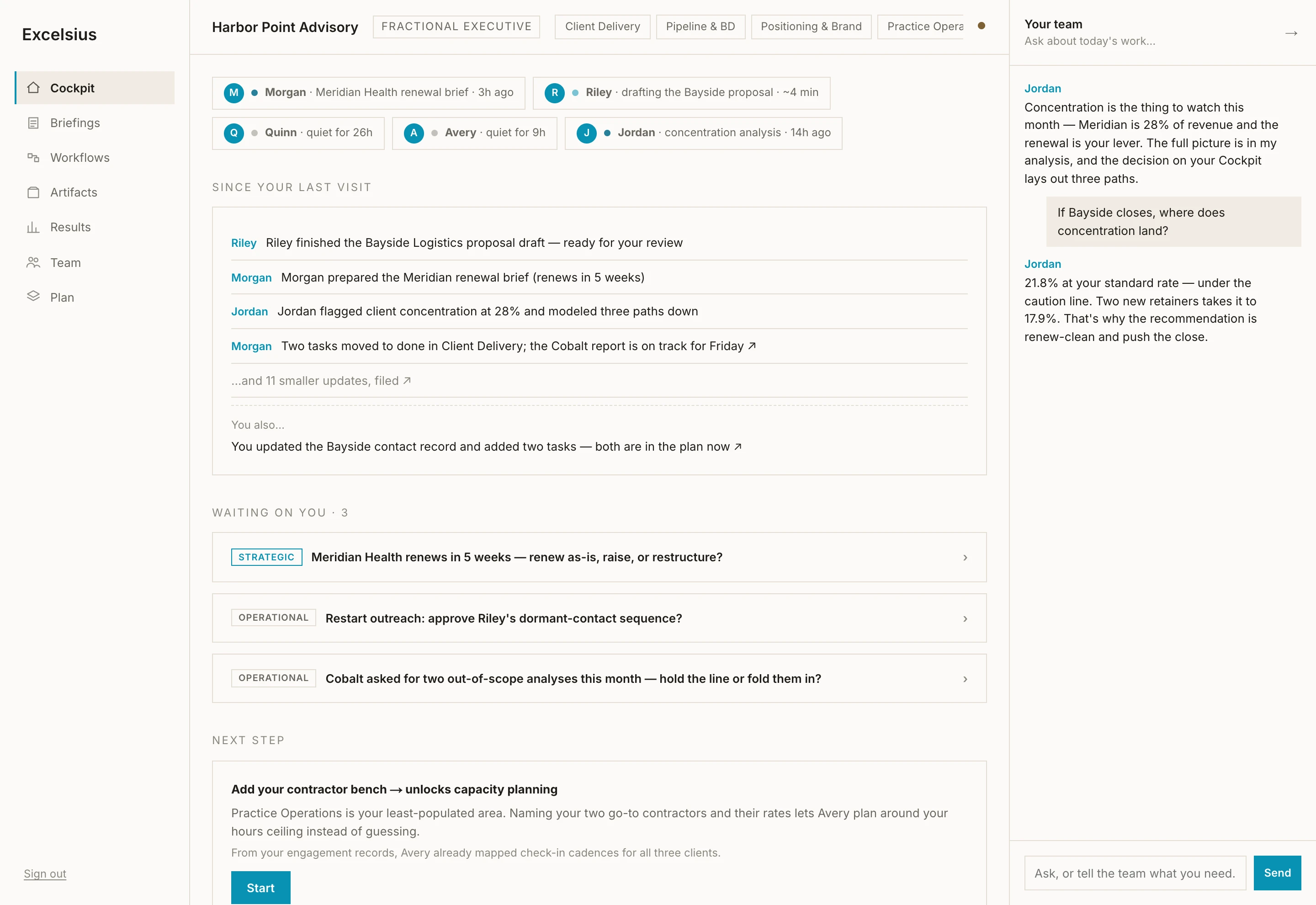 The Excelsius Cockpit — your team's status, what's happened since your last visit, and the decisions waiting on you