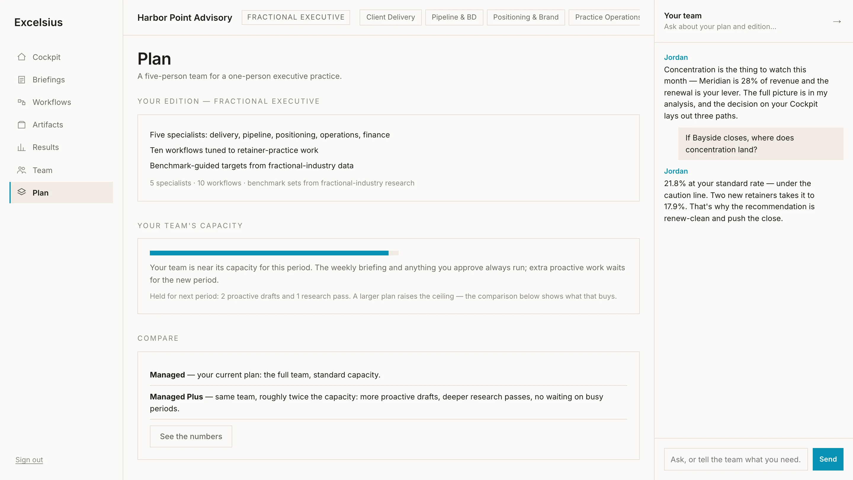 The Plan screen — your edition, your team's capacity, and what you're paying for